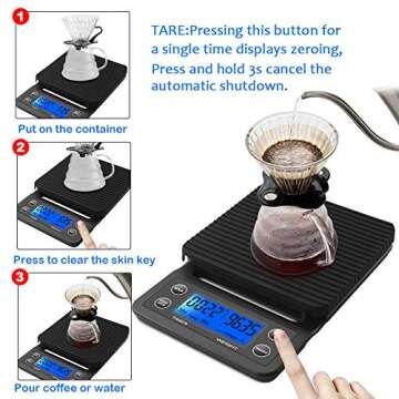YAGSUW Coffee Scale with Timer,Digital Kitchen Food Scale for Cooking Baking Electronic Weighing 6.6lb/3kg 1g Precision Sensors Black Batteries Included