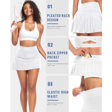 Women's Pleated Tennis Skirt with Pockets Shorts Athletic Golf Skorts Activewear Cheerleading Running Skirts (White, Large)