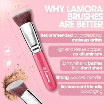 LAMORA Foundation Brush for Liquid Makeup - Kabuki Face Brush for Cream, Powder, Blush, and Concealer - Flat Top Blending, Buffing, Stippling Brush