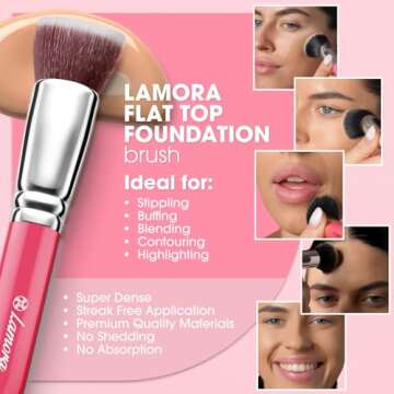 LAMORA Foundation Brush for Liquid Makeup - Kabuki Face Brush for Cream, Powder, Blush, and Concealer - Flat Top Blending, Buffing, Stippling Brush