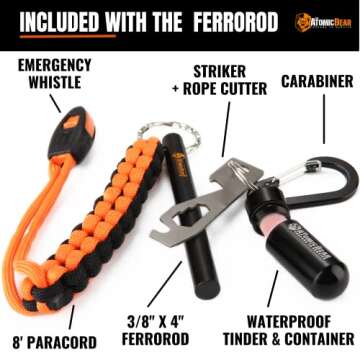 Fire Starter Survival Tool - Flint and Steel Fire Starter with Paracord, Emergency Whistle, Tinder a...