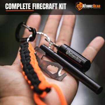 Fire Starter Survival Tool - Flint and Steel Fire Starter with Paracord, Emergency Whistle, Tinder and Waterproof Container to Start Campfires in Wilderness - Essential Hiking Gear