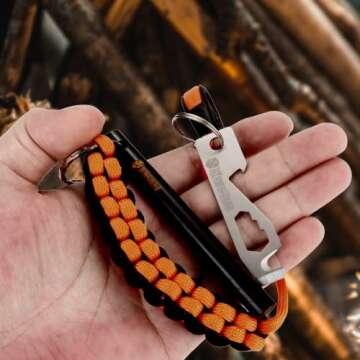 Fire Starter Survival Tool - Flint and Steel Fire Starter with Paracord, Emergency Whistle, Tinder and Waterproof Container to Start Campfires in Wilderness - Essential Hiking Gear