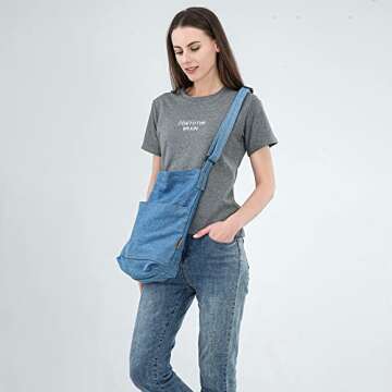 ROUROU Denim Shoulder Bag for Women Hobo Tote Bag Casual Canvas Bag Retro Crossbody Bag Large Capacity Purse