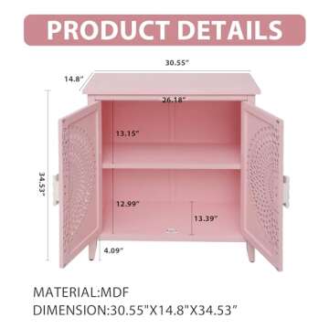 PEIHONGET Accent Storage Cabinet with 2 Doors, Sideboard Buffet Cabinet with Carved Door Handle,Modern Entryway Decorative Cabinet with Hollow Design for Living Room,Kitchen (Pink)
