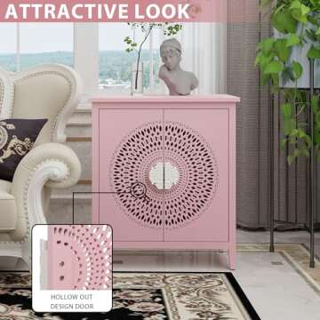 PEIHONGET Accent Storage Cabinet with 2 Doors, Sideboard Buffet Cabinet with Carved Door Handle,Modern Entryway Decorative Cabinet with Hollow Design for Living Room,Kitchen (Pink)