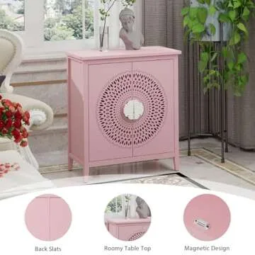 PEIHONGET Accent Storage Cabinet with 2 Doors, Sideboard Buffet Cabinet with Carved Door Handle,Modern Entryway Decorative Cabinet with Hollow Design for Living Room,Kitchen (Pink)
