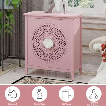 PEIHONGET Accent Storage Cabinet with 2 Doors, Sideboard Buffet Cabinet with Carved Door Handle,Modern Entryway Decorative Cabinet with Hollow Design for Living Room,Kitchen (Pink)