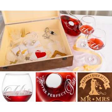 XmanKing Wedding Engagement Gifts for Couples, Wedding Wine Glasses & Wine Decanter Set Engraved wit...