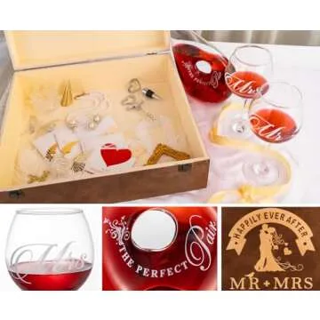 XmanKing Wedding Engagement Gifts for Couples, Wedding Wine Glasses & Wine Decanter Set Engraved wit...