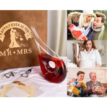 XmanKing Wedding Engagement Gifts for Couples, Wedding Wine Glasses & Wine Decanter Set Engraved with Mr and Mrs for Bridal Shower Gifts Christmas Housewarming Gifts 2024