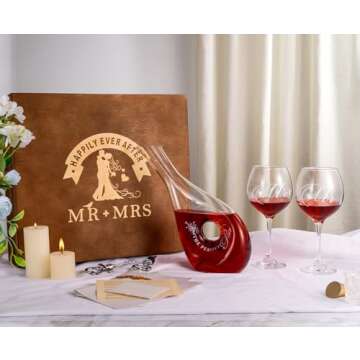 XmanKing Wedding Engagement Gifts for Couples, Wedding Wine Glasses & Wine Decanter Set Engraved with Mr and Mrs for Bridal Shower Gifts Christmas Housewarming Gifts 2024