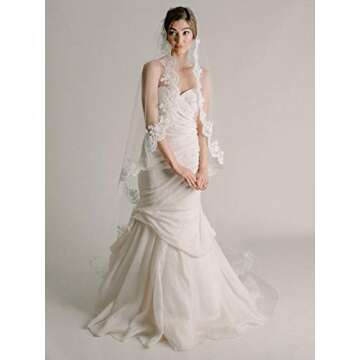 Unsutuo 1 Tier Lace Wedding Veil Chapel Length White Bridal Veil Wedding Mantilla Veil with Lace Edg...