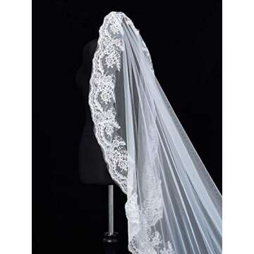 Unsutuo 1 Tier Lace Wedding Veil Chapel Length White Bridal Veil Wedding Mantilla Veil with Lace Edge for Bride (White)