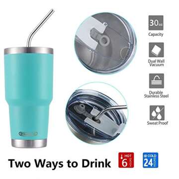 DYNAMIC SE 30oz Mint Tumbler Double Wall Stainless Steel Vacuum Insulated Travel Mug with Splash-Proof Lid Metal Straw and Brush