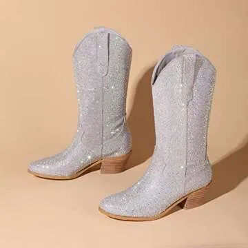 Atuelang Women's Rhinestone Cowboy Boots Sparkly Knee High Cowgirl Boots Fashion Pointed Toe Chunky Block Heel Mid Calf Booties Pull on Trending Tall Western Boots Silver Size 7