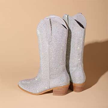Atuelang Women's Rhinestone Cowboy Boots Sparkly Knee High Cowgirl Boots Fashion Pointed Toe Chunky Block Heel Mid Calf Booties Pull on Trending Tall Western Boots Silver Size 7