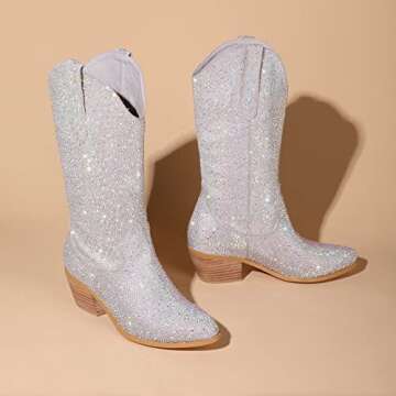 Atuelang Women's Rhinestone Cowboy Boots Sparkly Knee High Cowgirl Boots Fashion Pointed Toe Chunky Block Heel Mid Calf Booties Pull on Trending Tall Western Boots Silver Size 7