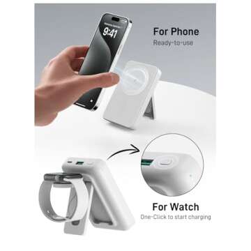 Portable Charger with Apple Watch Charging, 10000mAh Magnetic Wireless Power Bank for iPhone 16/15/14/13/12, Apple Watch, Samsung, Google Pixel (Magnetic Case), Foldable Stand, Wired PD 18W, White