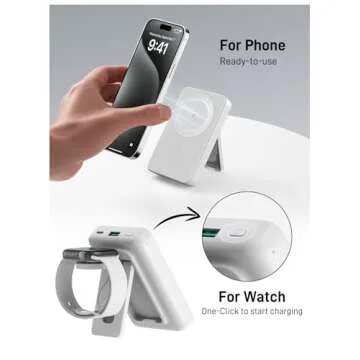 Portable Charger with Apple Watch Charging, 10000mAh Magnetic Wireless Power Bank for iPhone 16/15/14/13/12, Apple Watch, Samsung, Google Pixel (Magnetic Case), Foldable Stand, Wired PD 18W, White