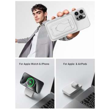 Portable Charger with Apple Watch Charging, 10000mAh Magnetic Wireless Power Bank for iPhone 16/15/14/13/12, Apple Watch, Samsung, Google Pixel (Magnetic Case), Foldable Stand, Wired PD 18W, White