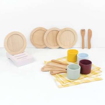 Pillowhale Wooden Toy Plates and Dishes Set,Play Kitchen Cutlery and Plate Set,21Piece Kids Kitchen ...
