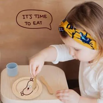 Pillowhale Wooden Toy Plates and Dishes Set,Play Kitchen Cutlery and Plate Set,21Piece Kids Kitchen Playset Accessories for Toddlers Boys Girls Ages 3+