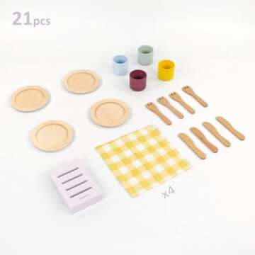 Pillowhale Wooden Toy Plates and Dishes Set,Play Kitchen Cutlery and Plate Set,21Piece Kids Kitchen Playset Accessories for Toddlers Boys Girls Ages 3+