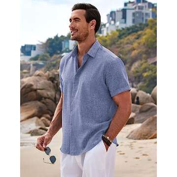COOFANDY Men's Linen Shirt Casual Shirts Short Sleeve Shirts Button Down Linen Beach Shirts for Men Summer Outfit Denim Blue