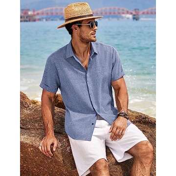 COOFANDY Men's Linen Shirt Casual Shirts Short Sleeve Shirts Button Down Linen Beach Shirts for Men Summer Outfit Denim Blue