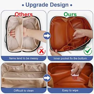 Large Capacity Travel Cosmetic Bag Plaid Checkered Makeup Bag Portable Leather Waterproof Skincare Bag with Handle and Divider for Women 01-Blue