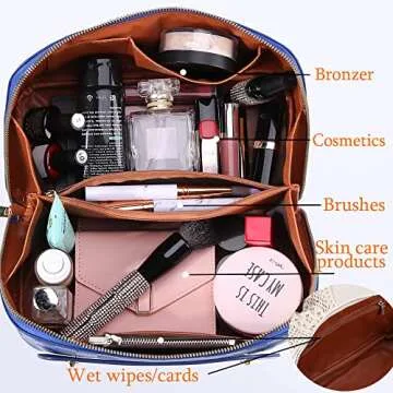 Large Capacity Travel Cosmetic Bag Plaid Checkered Makeup Bag Portable Leather Waterproof Skincare Bag with Handle and Divider for Women 01-Blue