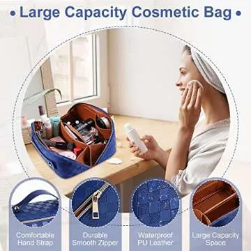 Large Capacity Travel Cosmetic Bag Plaid Checkered Makeup Bag Portable Leather Waterproof Skincare Bag with Handle and Divider for Women 01-Blue