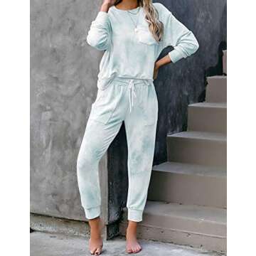 LookbookStore Two Pieces Outfits Home Loungewear for Women Cozy Tie Dye Lounge Sets Pajama Sets Long Sleeve Tops and Pants PJ Sets Joggers Sleepwear Sweatsuit Sets Light Blue Size L