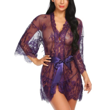 Avidlove Women's Purple Lace Kimono Robe - Sexy Nightgown & Beach Cover Up