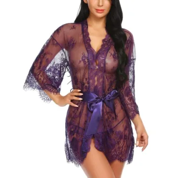 Avidlove Women's Purple Lace Kimono Robe - Sexy Nightgown & Beach Cover Up