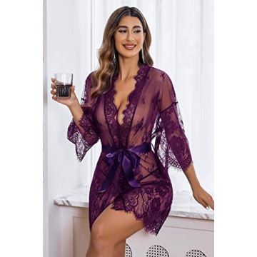 Avidlove Purple Lace Kimono Robe Sexy Nightgown Beach Cover Up