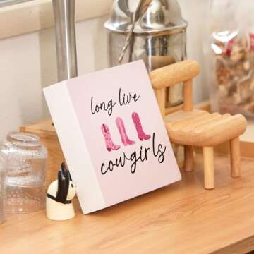 Yorhifa Long Live Cowgirls Wooden Box Sign, Preppy Western Pink Decor for Home, Cowgirl Room Shelf Desk Decor