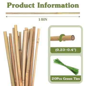 Plant Stakes 18inch, 20Pcs Natural Bamboo Sticks for Plants Support