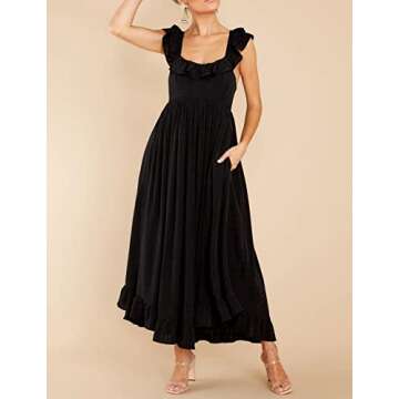 R.Vivimos Summer Dress for Women Sleeveless Boho Ruffle Square Neck Tie Back Casual Backless Flowy Midi Dress (X-Large, Black)