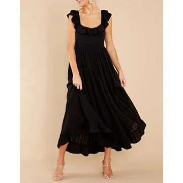 R.Vivimos Summer Dress for Women Sleeveless Boho Ruffle Square Neck Tie Back Casual Backless Flowy Midi Dress (X-Large, Black)