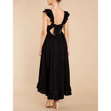 R.Vivimos Summer Dress for Women Sleeveless Boho Ruffle Square Neck Tie Back Casual Backless Flowy Midi Dress (X-Large, Black)
