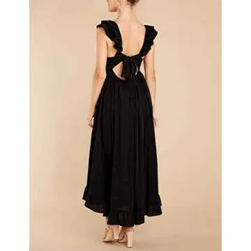 R.Vivimos Summer Dress for Women Sleeveless Boho Ruffle Square Neck Tie Back Casual Backless Flowy Midi Dress (X-Large, Black)