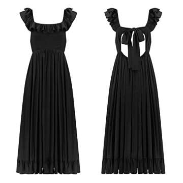 R.Vivimos Summer Dress for Women Sleeveless Boho Ruffle Square Neck Tie Back Casual Backless Flowy Midi Dress (X-Large, Black)