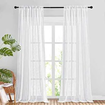 NICETOWN White Sheer 108 inch Curtains, Rod Pocket & Back Tab Semi Linen Sheer Window Treatment Privacy Drapes for Living Room/Bedroom, 104" Wide Total 2 PCs