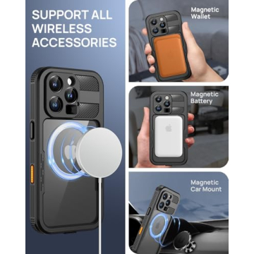 Lanhiem Magnetic for iPhone 16 Pro Max Case, IP68 Waterproof Dustproof Case, [Compatible with Magsafe] [Built-in Screen Protector] Full Body Heavy Duty Rugged Phone Cover 6.9 inch, Black/Clear