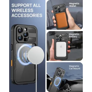 Lanhiem Magnetic for iPhone 16 Pro Max Case, IP68 Waterproof Dustproof Case, [Compatible with Magsafe] [Built-in Screen Protector] Full Body Heavy Duty Rugged Phone Cover 6.9 inch, Black/Clear