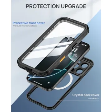 Lanhiem Magnetic for iPhone 16 Pro Max Case, IP68 Waterproof Dustproof Case, [Compatible with Magsafe] [Built-in Screen Protector] Full Body Heavy Duty Rugged Phone Cover 6.9 inch, Black/Clear