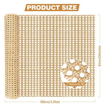 24" Width x 3.3 Feet Cane Rattan Webbing Roll for Caning Projects, Cane Webbing Sheet, Natural Pre-W...