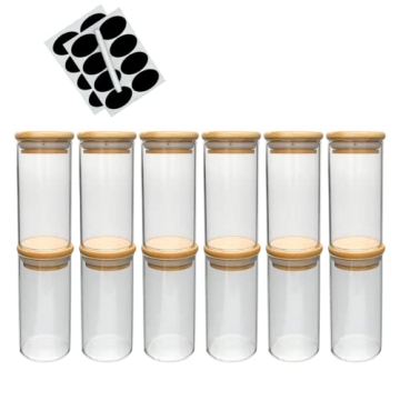 12 Large Glass Spice Jars with Bamboo Airtight Lids + 16 Erasable Chalkboard Labels & White Label Ma...